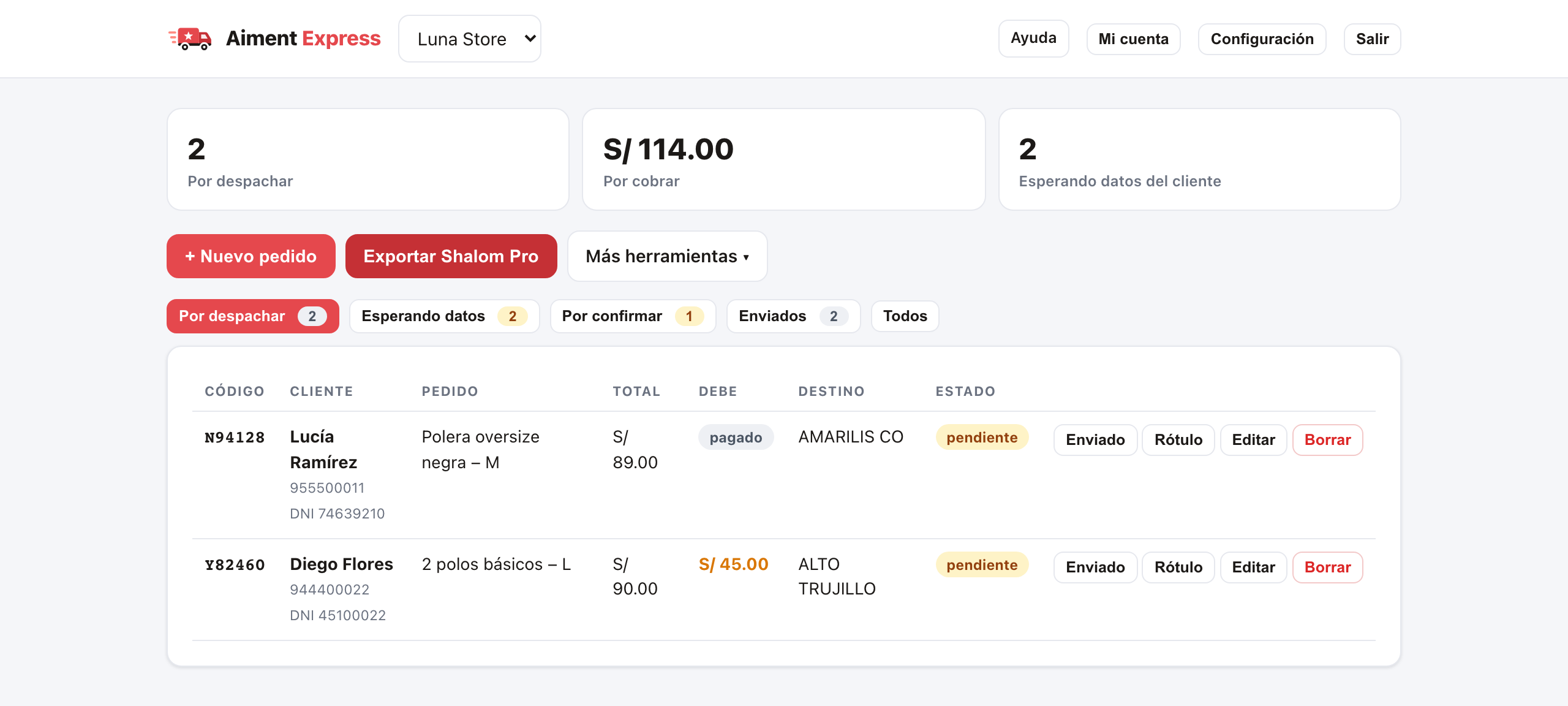 Pedidos por despachar