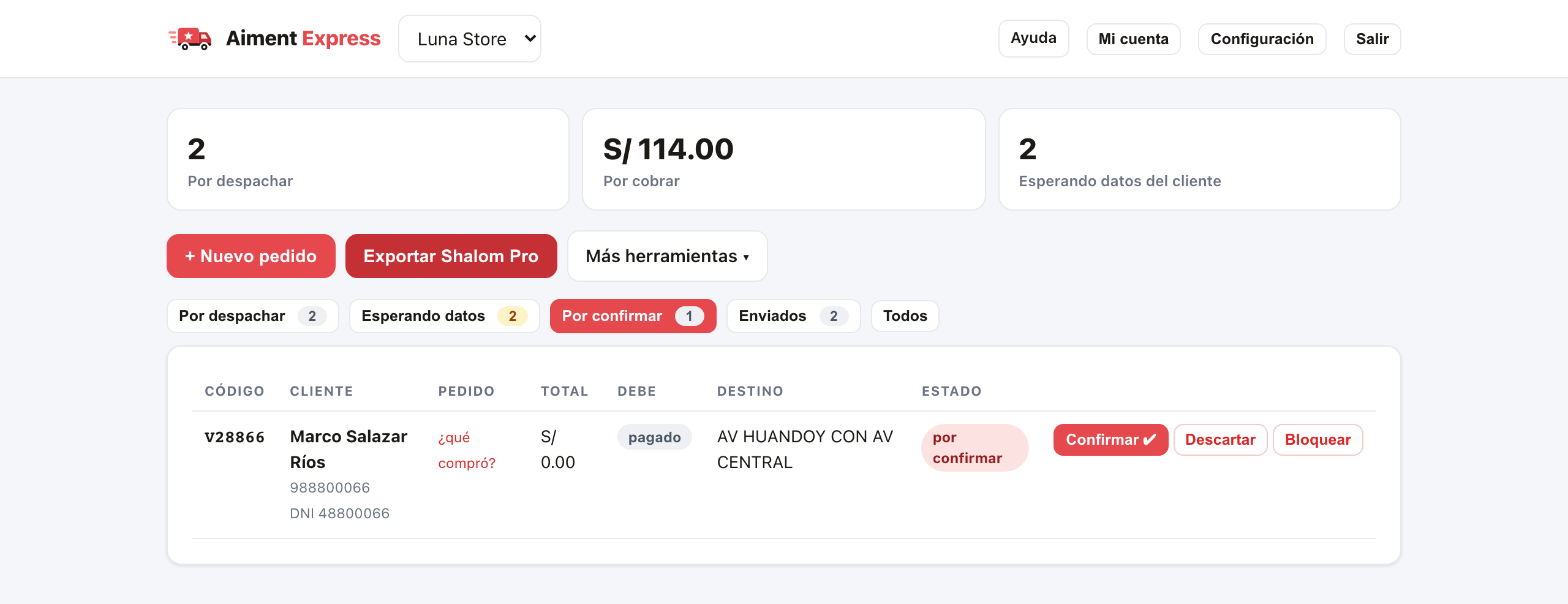 Bandeja por confirmar